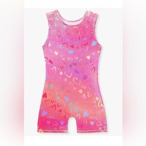 Gymnastics Shiny Leotard One Piece Tumbling Outfit, Pink Love Heart, size 6-7